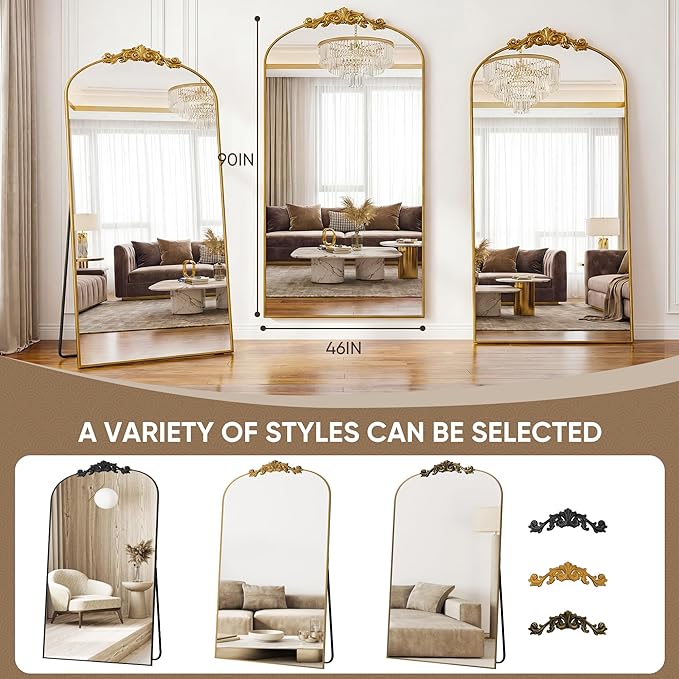 Antok Arched Full Length Mirror, 90"x46" Floor Mirror with Carved, Full Body Mirrors for HomeDecor, Standing/Halling Large Wall Mirror for Bedroom, Living Room, Cloakroom, Gold, Retro Style