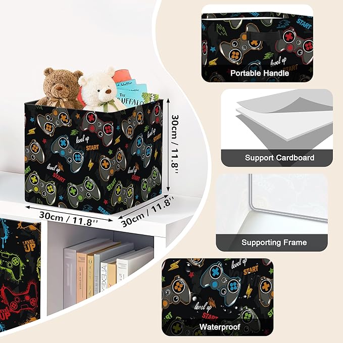 Clastyle 3 pcs Gaming Cube Storage Unit Boxes Gamepad Kallax Box for Shelves Parents Storage Baskets for Book Clothes Toy Organizer, Game Controller, 11.8x11.8x11.8 in
