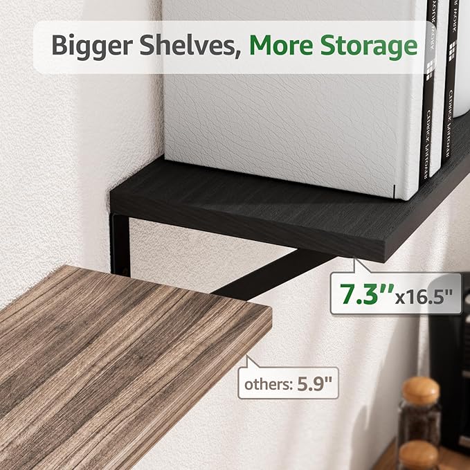 COCOYA Wall Shelves 7.3" Deep Set of 5, Solid Paulownia Wood Wider Longer Sturdy Easy to Install Wall Mounted Bookshelves Storage Shelves Bathroom Home Office Laundry Room Bedroom Organizer Black