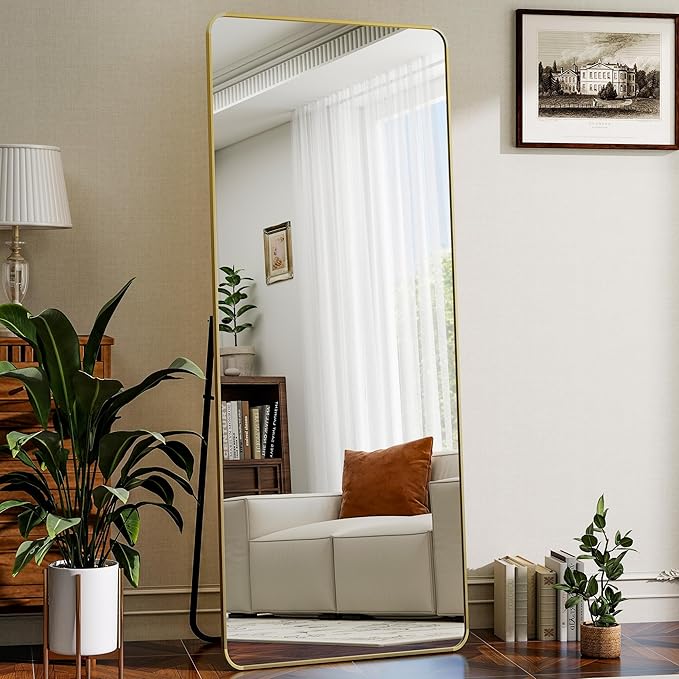 Gold Full Length Mirror 26 x 71 Inch Nano Floor Mirrors with Stand Rounded Corner Full Body Mirrors with Aluminum Alloy Frame for Bedroom Living Room Checkroom