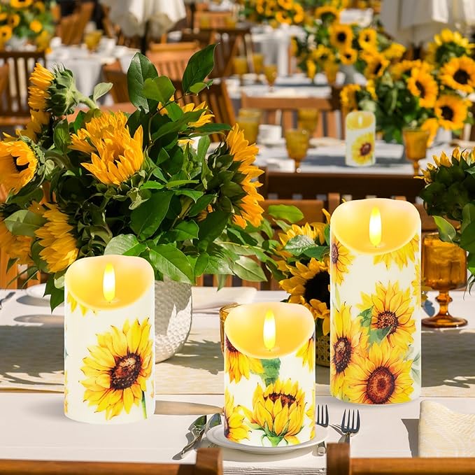 3 Pcs Sunflower Flameless Candles Battery Operated LED Candles Flickering Pillar Sunflower Floral Printed Faux Candle Housewarming Gift for Monther's Day Wedding Home Party