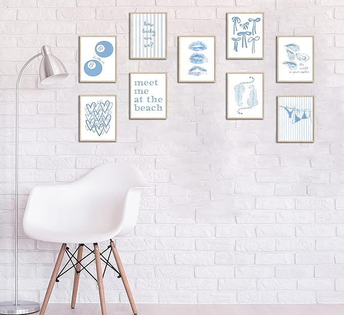 9Pcs Coastal Granddaughter Wall Art Posters Blue Oyster Bikini 8 Ball Leopard Bow Wall Decor Pictures Trendy Preppy Beachy Aesthetic Prints for Girls Dorm Gallery Bedroom Decoration Unframed (8"X10"X9PCS, Blue)