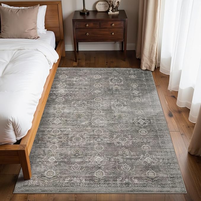 Rugxara 4x6 Rug for Living Room Bedroom, Grey Washable Throw Rugs, Vintage Retro Boho Area Rugs, Non Slip & Low Pile Accent Carpet for Indoor Dining Room, Kids Room and Office(Taupe/Grey 4x6ft)