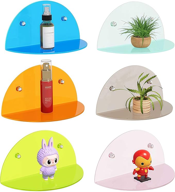 6 Pack Small Wall Shelf, Colorful Acrylic Shelves for Wall Mounting, No Drilling Floating Shelf for Home Décor and Office, Display Ledges Popmart Funko Figures