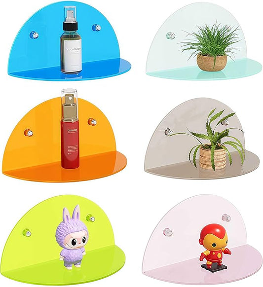 6 Pack Small Wall Shelf, Colorful Acrylic Shelves for Wall Mounting, No Drilling Floating Shelf for Home Décor and Office, Display Ledges Popmart Funko Figures