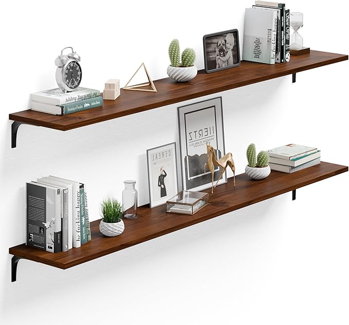 12 Inch Deep Floating Shelves Set of 2, 72 Inch Extra Wide Vintage Walnut Solid Wood Wall Shelves, 6ft Heavy Duty Farmhouse Wall Mounted Shelving for Kitchen, Living Room & Bedroom