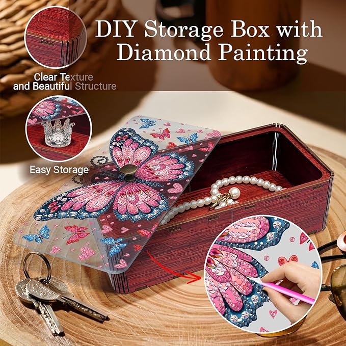 Diamond Art Painting Storage Box Kit, DIY Rectangular Wooden Decorative Container Holder with Lid, Snack Jewelry Gem Art Organizer Case for Adults (Butterfly)