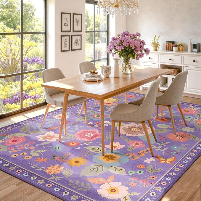 RELEANY Floral Nursery 9x12 Area Rugs Washable Print Boho Cute Carpet Non Slip Flower Low Pile for Living Room Kids Girls Playroom Bedroom Kitchen Office Farmhouse-Purple/Pink/Multi