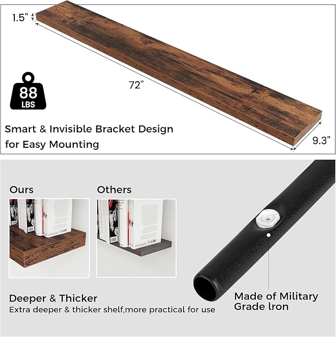 Venusmiles Floating Shelves for Wall, Engineered Wood Wall Shelves with Invisible Brackets for Living Room Bedroom Bathroom Office Kitchen Decor and Storage (Brown, 72" W x 9" D x 1.5" H) Set of 1