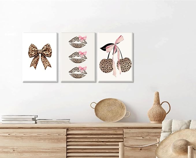 3Pcs Trendy Leopard Print Canvas Wall Art,Fashion Bow Cherry Lips Y2k Poster Pictures,Stylish Preppy Aesthetics Girls' Rooms Wall Decor for Bedroom Dorm Apartment.12x16in Framed