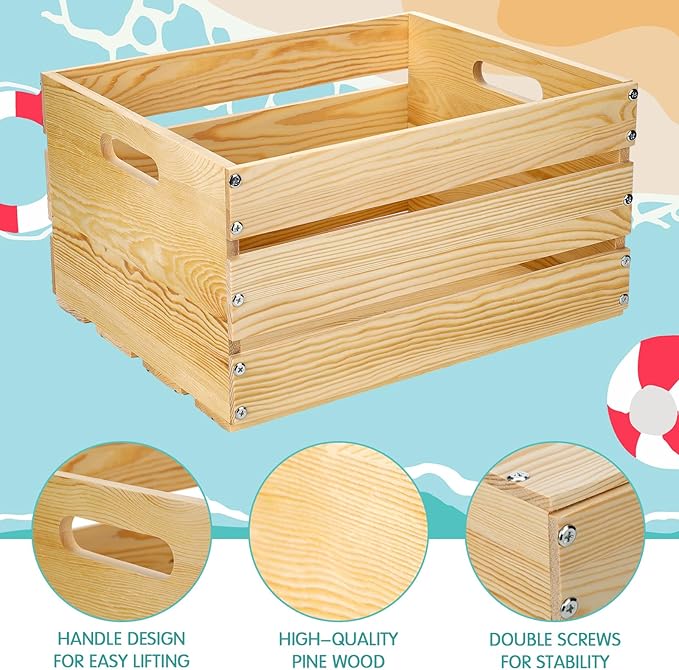 Youyole DIY Summer Bikini Box Large DIY Wood Crate for Crafts Unfinished Wood Crate Box with Paint Set for Storage Display Rustic Farmhouse Beach Party Decor, 16" x 13" x 8.7"