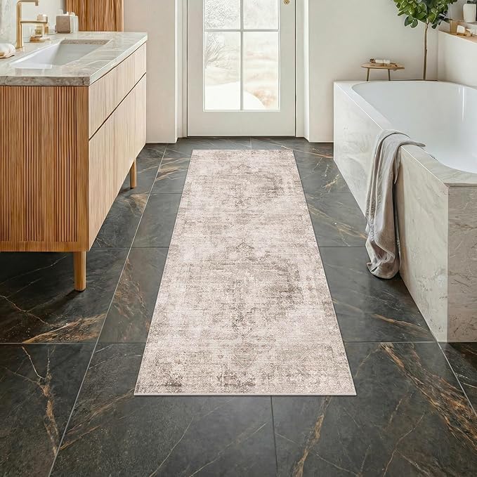 Hazo Haus Washable Non Slip Stain Resistant 2x5 Runner Rug for Bathroom, Kitchen, Laundry Room, Bedroom Beside Bed, Unique Tan Distressed Abstract Eclectic Runner Décor, Beige Brown
