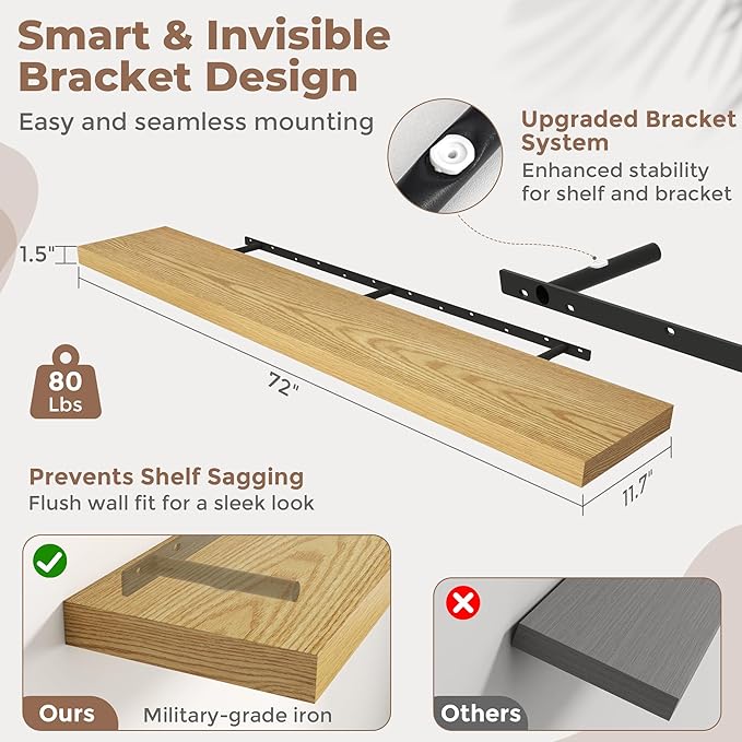 72 Inch Floating Shelves for Wall with Invisible Brackets Set of 2, 12"D Engineered Wood Wall Shelves with Wood Grain for Living Room, Bedroom, Bathroom, Kitchen Decor and Storage, Oak Finish