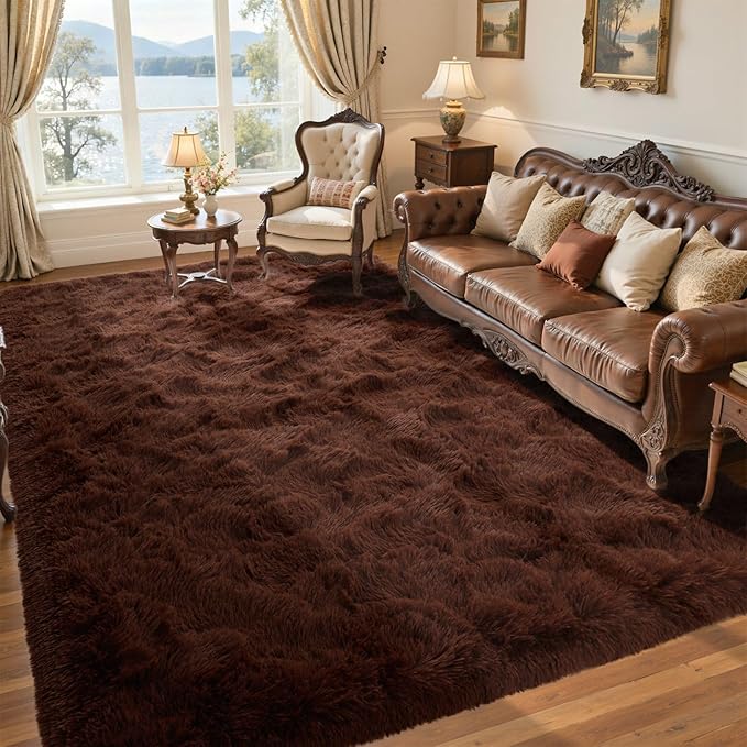 Coffee Brown 6x9 ft Fluffy Rug for Living Room,Fur Bedroom Area Rugs Non-Slip,Carpet for Nursery Kids PlayRoom Indoor Modern Plush Carpets