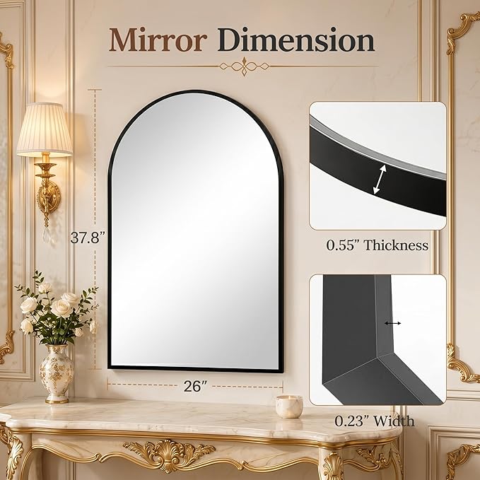 26"x38" Arched Black Bathroom Mirror – Metal Framed with HD Shatter-Proof Glass, Wall-Mounted for Over Sink, Entryway, Living Room, Bedroom