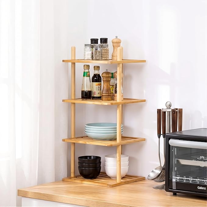 Expandable Bamboo Corner Shelf - Dish/Plate Organizer for Cabinet, Kitchen Counter Shelf & Small Kitchen Shelf, Adjustable (1, 4Tier-Large-6.7" H)