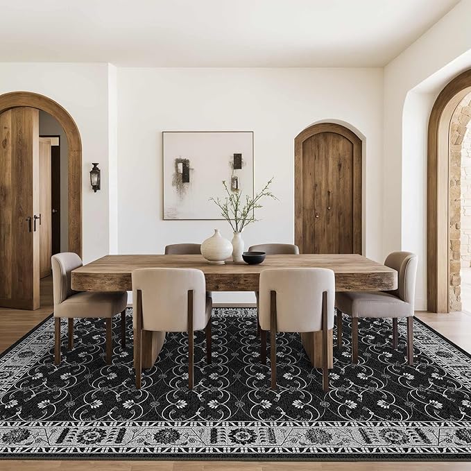 Rugxara 8x10 Washable Area Rug for Living Room, Extra Large Black Vintage Boho Rugs for Office, Kids Room, Farmhouse, Durable Low Pile Non Slip Carpet for High Traffic Areas（Black 8x10）