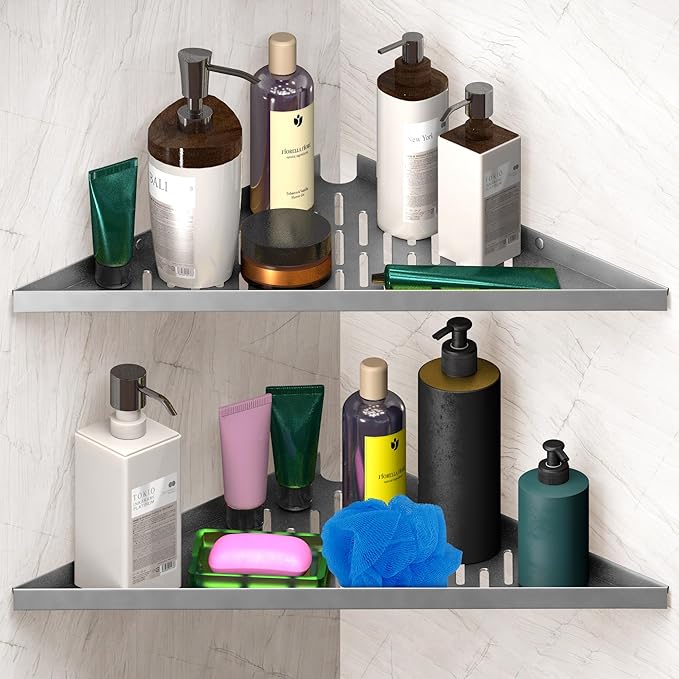 Corner Caddy Bathroom Shower Shelf - Adhesive / Drill / No Drill Shelves - 16" Strong Corner Silver Floating Shower Shelves - Triangle Shelf Bathroom Shower for Inside Shower, Tiled Wall, Caddies