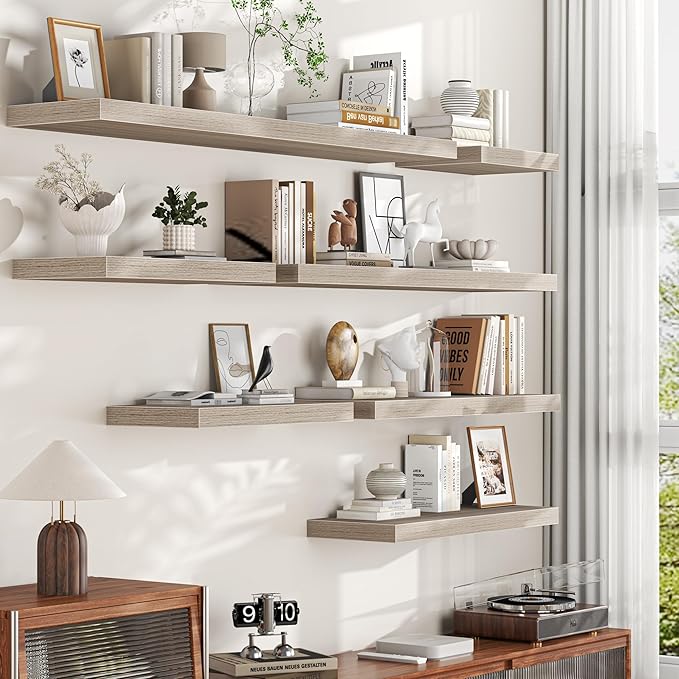 Gray Floating Shelves for Wall, 55 Inch Floating Shelves Set of 1, Wall Mounted Rustic Wood Shelf for Bathroom, Living Room, Bedroom and Kitchen, Hanging Shelf for Storage, Books, Home Decor