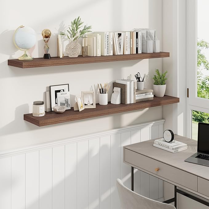 Fun Memories 55 Inch Fireplace Mantel Shelf, 9.3" Deep Floating Shelves for Wall, Long Wall Mounted Farmhouse Display Shelves with Invisible Heavy Duty Metal Bracket, Walnut, 2 Pack