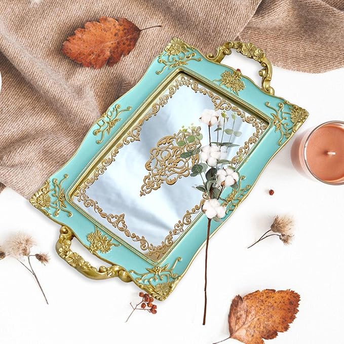French Style Decorative Mirror Tray, Dresser Counter Coffee Table Jewelry Perfume Organizer for Makeup Jewelry (Green)
