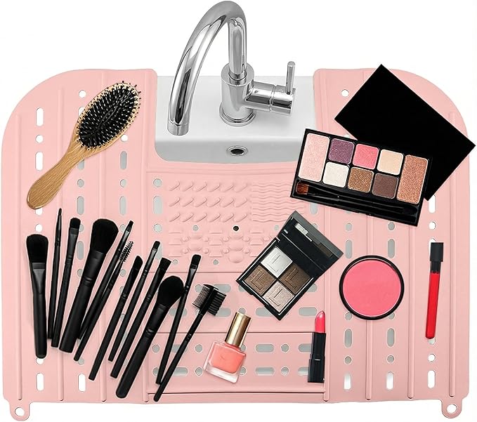 Sink Foldable Cover, Bathroom Sink Top Cover Space Saver, Silicone Makeup Organizer Mat for Over Countertop Bathroom Accessories (Pink)