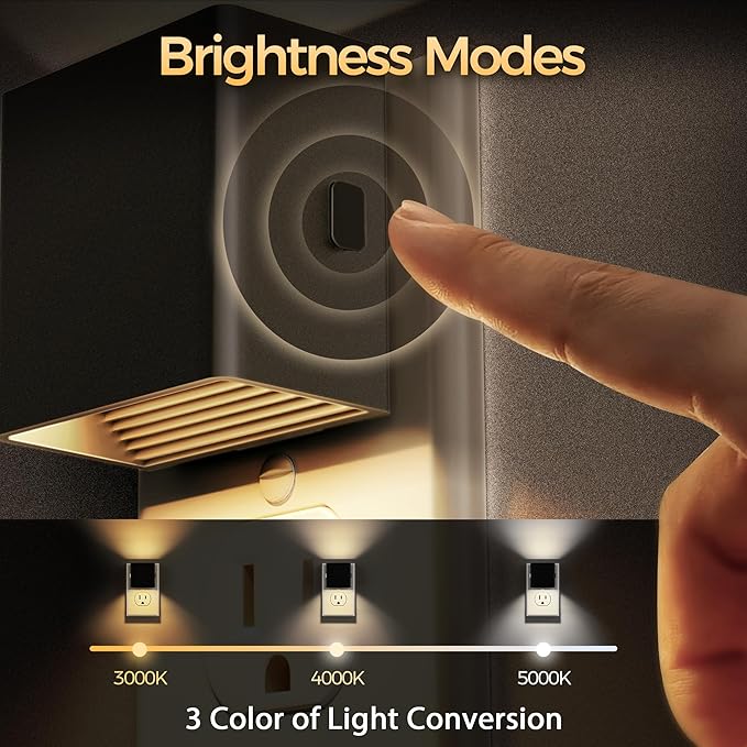 DORESshop Night Lights Plug Into Wall, [2 Pack] Plug in Night Light with 3 Color Temperatures, Dusk to Dawn Sensor, Night Light for Hallway Bathroom Stairway Bedroom, Black