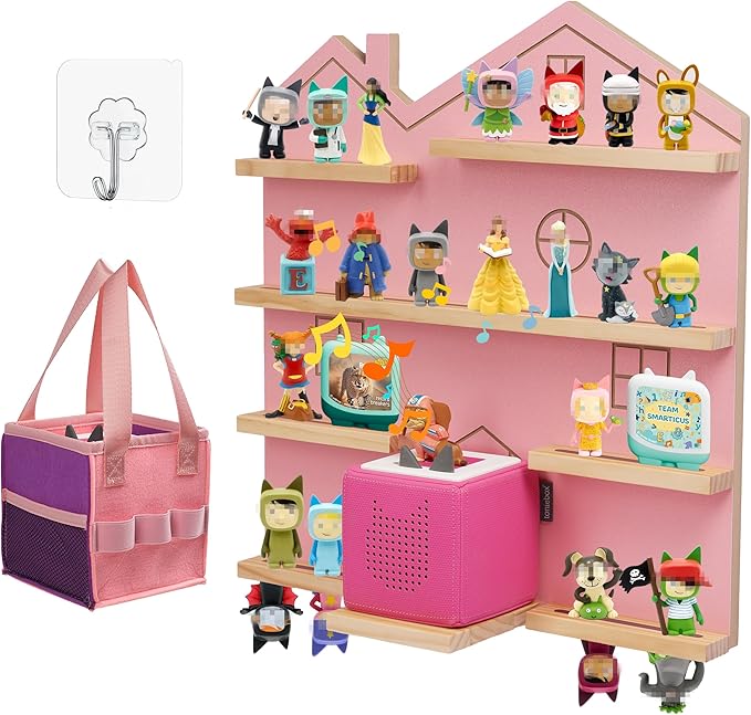 Gieanoo Large Tonie Shelf for Toniebox,for Toniesbox 1 and Toniebox 2 Tonie Shelf Wall Mounted Magnetic Pine Wooden Floating Shelves Compatible with Tonie Box Player Tonie Figures Storage(Pink)