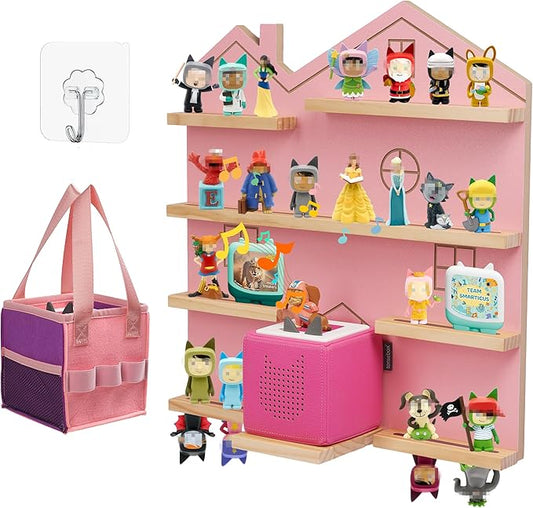 Gieanoo Large Tonie Shelf for Toniebox,for Toniesbox 1 and Toniebox 2 Tonie Shelf Wall Mounted Magnetic Pine Wooden Floating Shelves Compatible with Tonie Box Player Tonie Figures Storage(Pink)