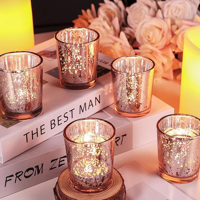UPBUD Votive Candle Holders Set of 24, Speckled Mercury Rose Gold Glass Candle Holders for Wedding Centerpiece Table Decorations, Tealight Candle Holder for Party Bridal Shower Decor, Home Decor