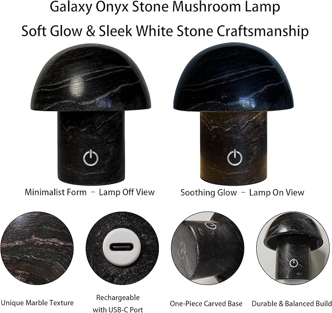 Hand-Polished Natural Marble Mushroom Lamp, Rechargeable LED Stone Night Light with Touch Control and 3 Brightness Levels, Sculptural Bedside Ambient Decor Light for Modern Home