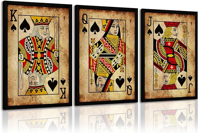Playing Card Wall Art Poster Vintage Poker Canvas Wall Decor Retro Game Room Art Picture Joker King Queen Poster Trendy Retro Prints Vintage Poker Painting Artwork for Bedroom 12x16 Inch Framed 3Pcs
