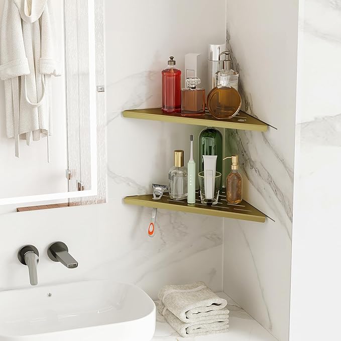 2 Pack Gold Corner Shower Shelves, 304 Stainless Steel Corner Wall Mounted Bathroom Organizer Caddy with Razor Slot, 10’’ Rust-Proof Floating Shelf for Shower Storage (Fits 90° Tile Walls,Holds 15lbs)