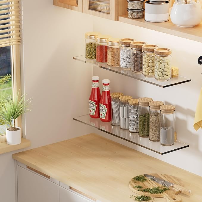 QsQueen Acrylic Floating Shelves with Solid Wood Base, Wall Mounted Shelf for Plants, Perfume, Nail Polish, Bathroom, Bedroom & Living Room Décor