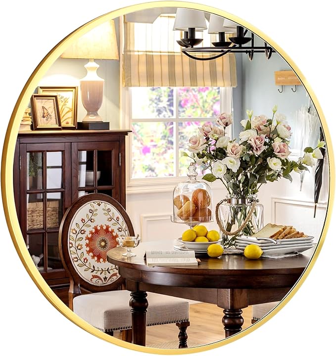 XRAMFY 24 Inch Round Mirror - Circle Mirrors for Bathroom, Entryway and Living Room Wall Decor, Modern Hanging Vanity Mirror, Matte Gold Circle Decorative Wall Mirror