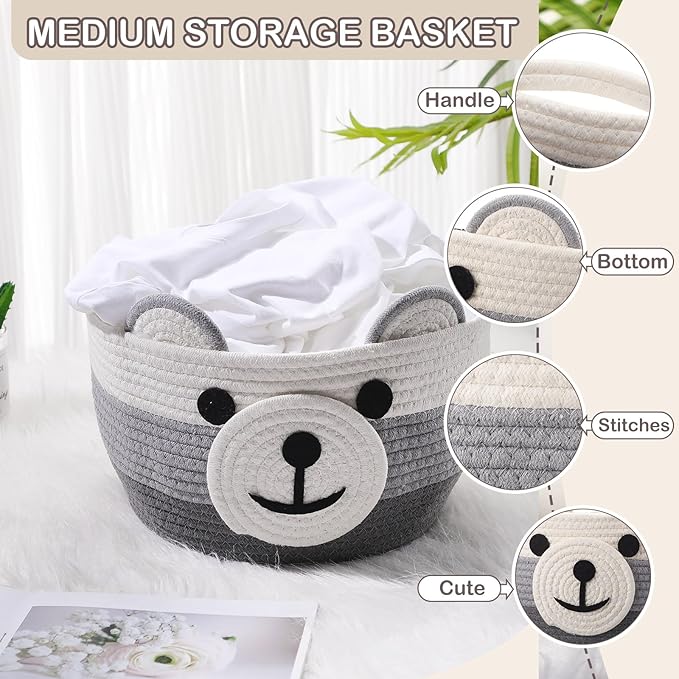 Zopeal Easter Bear Basket 13" D x 9.5" H for Nursery Cotton Rope Woven Bear Gift Empty Storage Basket with Handles Animal Hamper for Baby Shower Laundry Bathroom Home Decorative