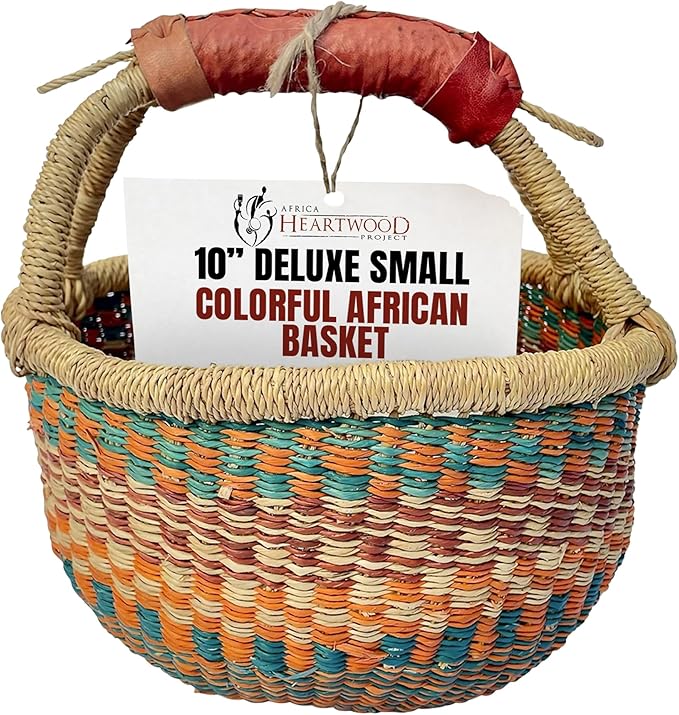 Africa Heartwood Project - Deluxe Colorful African Basket with Leather Handles - Handmade from dried Elephant Grass, Hand-Woven by Women in Bolgatanga, Ghana - Small 10" Round (Flat-packed)