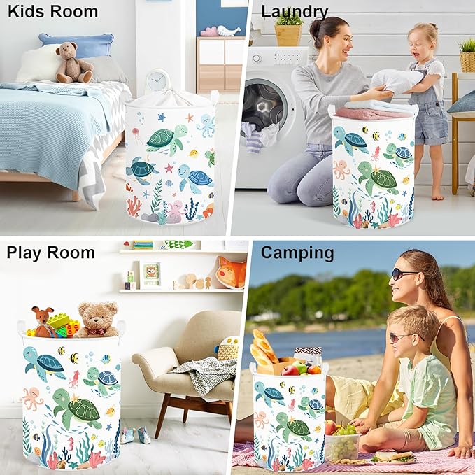 Clastyle Adorable Ocean Animals Kids Book Storage Basket Sea Turtle Clothes Laundry Basket Parents Gift Toy Box for Bedroom Shower, Green Turtle, 36x45 cm
