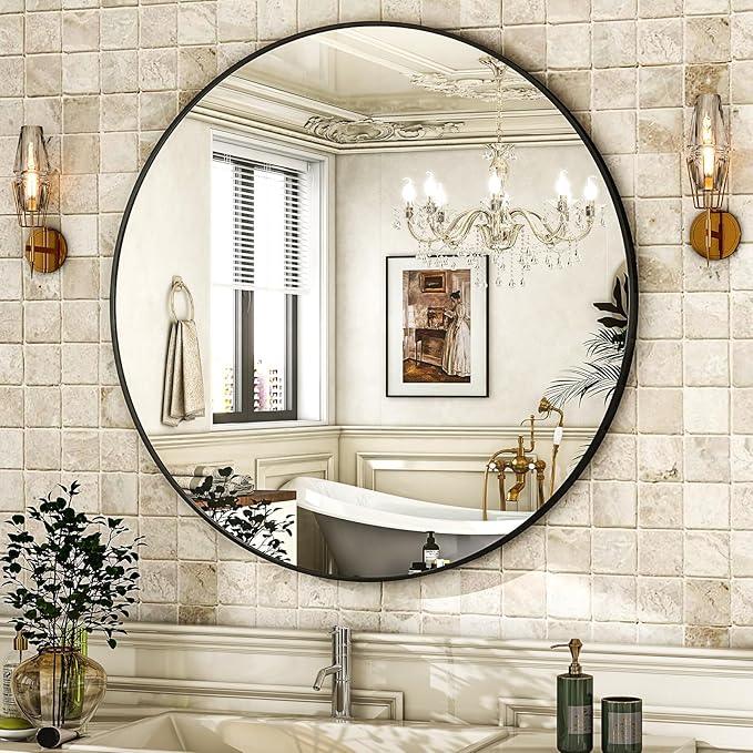 HARRITPURE 28" Round Mirror - Black Bathroom Mirror Circle Wall Mirror with Brushed Aluminum Alloy Frame Modern Decor for Living Room, Vanity, Bedroom, Entryway