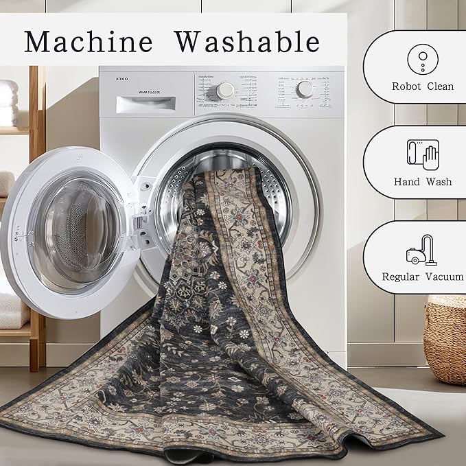 Srugn Washable Rugs 8x10 Area Rugs for Living Room,Rugs for Bedroom,Large Carpets,Ultra Soft Faux Wool Retro Dining Room Rug,Non Slip&Non-Shedding Low Pile Vintage Print Rug for Home Office-Black