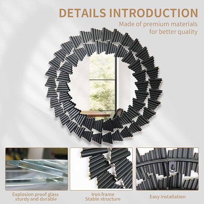 Wall Mirror Decorative, Black Mirrors for Wall Decor, Round Metal Wall Art Mirror, Large Wall Mirrors for Living Room,Bedroom, Bathroom, Entryway, 28 Inch