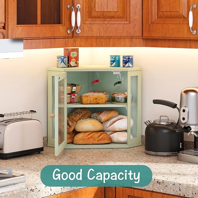 viewcare Corner Bread Box for Kitchen Countertop, Bamboo Wood Large Capacity Bread Storage Bin with Acrylic Wavy Door Panel, Green