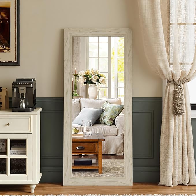 Syndra Modern Full Length Mirror Wood Frame, 56x20'' Large Floor Mirror with HD Tempered Glass & Wall Mount Option, Rectangular Standing Mirror for Bedroom, Living Room, Entryway, Farmhouse(White Oak)