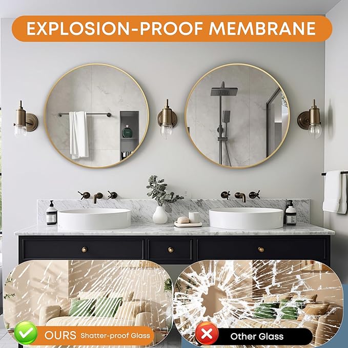 Round Mirror, Wall Mounted Circle Mirror with Brushed Metal Frame, Circular Mirrors for for Bathroom, Living Room, Vanity, Bedroom, Entryway, 24inch, Gold