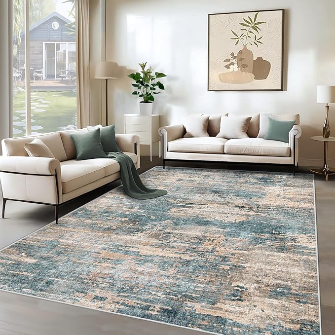 XLUEZ 6x9 Area Rugs for Living Room, Washable Modern Abstract Large Area Rug Neutral Soft Non Slip Kids Rug Stain Resistant Indoor Carpet for Bedroom Nursery Dining Room Playroom(GreenBrown, 6'x9')