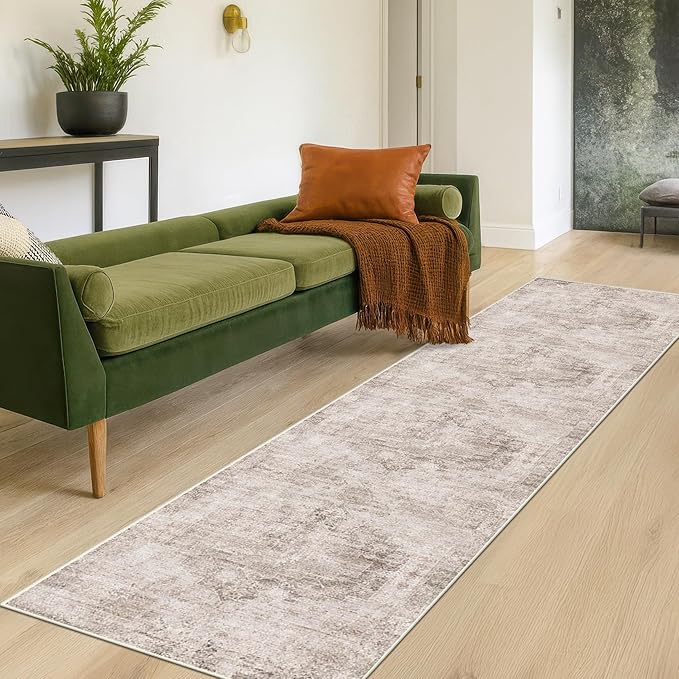 Hazo Haus Non Slip 10ft Long Hallway Runner Rug - Beige Brown 2 x 10 Runner Rug, Washable & Waterproof 2x10 Kitchen Floor Mat - Modern Abstract Design Décor