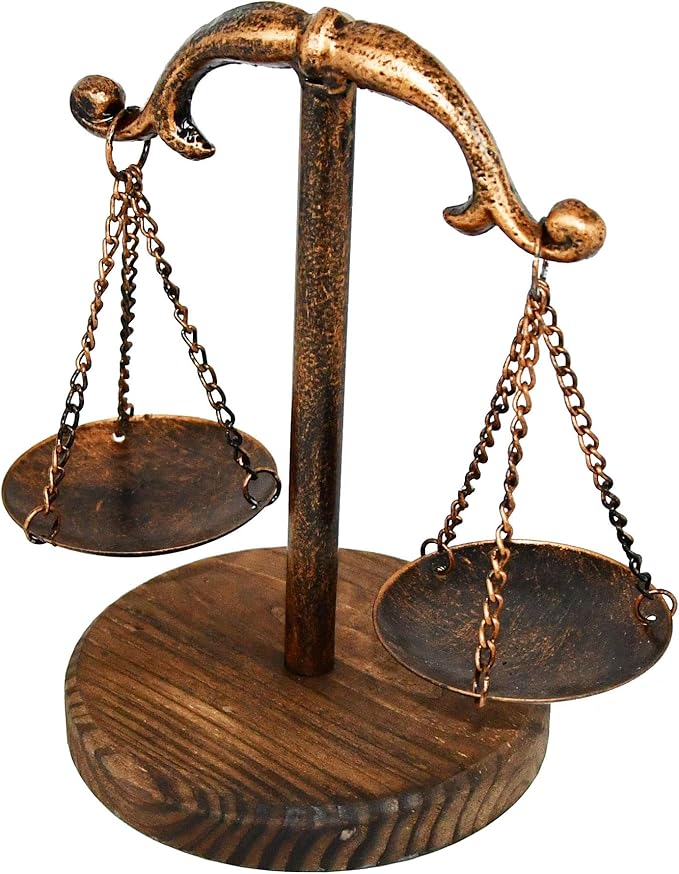 Owlgift Vintage Style Metal Libra Jewelry Tower Tray w/Wooden Base Cosmetic Organizer Storage, Lawyer Scale of Justice, Farmhouse Candleholder, Home Décor Antique Weight Balancing Scale – Bronze