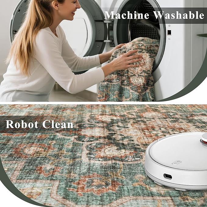 TOPRUUG Washable Oriental Area Rug - 5ft Round Rugs for Living Room Soft Carpet for Bedroom Waterproof Floral Distressed Indoor Stain Resistant Non-Shedding Floor Carpets (Green, 5ft-Round)