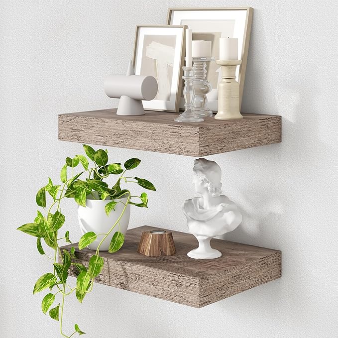 FLYJOE Deep Floating Shelves | 16 Inch Grey Floating Shelves Set of 2 | 12 Inch Deep Rustic Grey Wall Shelves | Deep Shelves for Living Room Bathroom Kitchen Bedroom