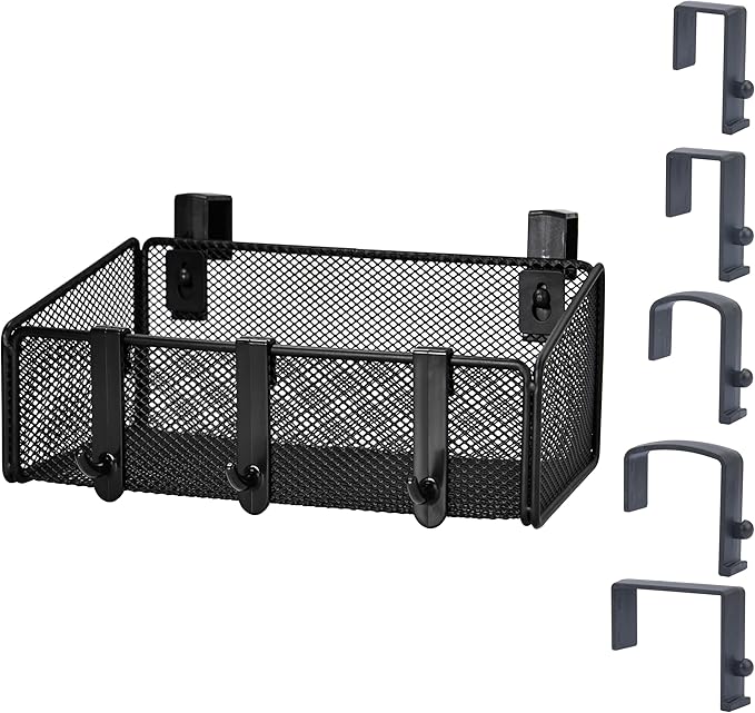 JDYOOMI Bedside Caddy Shelf Hanging Storage Basket for Bunk Bed, Office Cubical Walls, Baby Rails, College Dorm Organizer - 5 Pairs Sized Hooks for Phone, Glass, Magazine, Decor (Black)